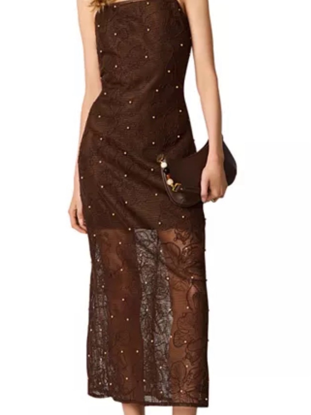 New Steve Madden Maureen Brown Lace Strapless Midi Dress with Embellishments.
